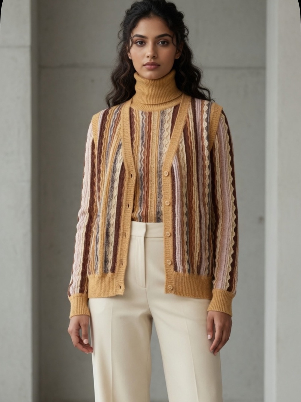1970’s Missoni Cream Brown and Pink Striped Cardigan Set